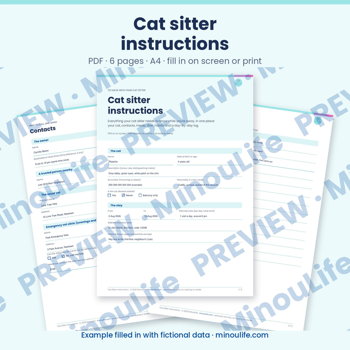Preview of the Cat Sitter Instructions, English version, example filled in with fictional data