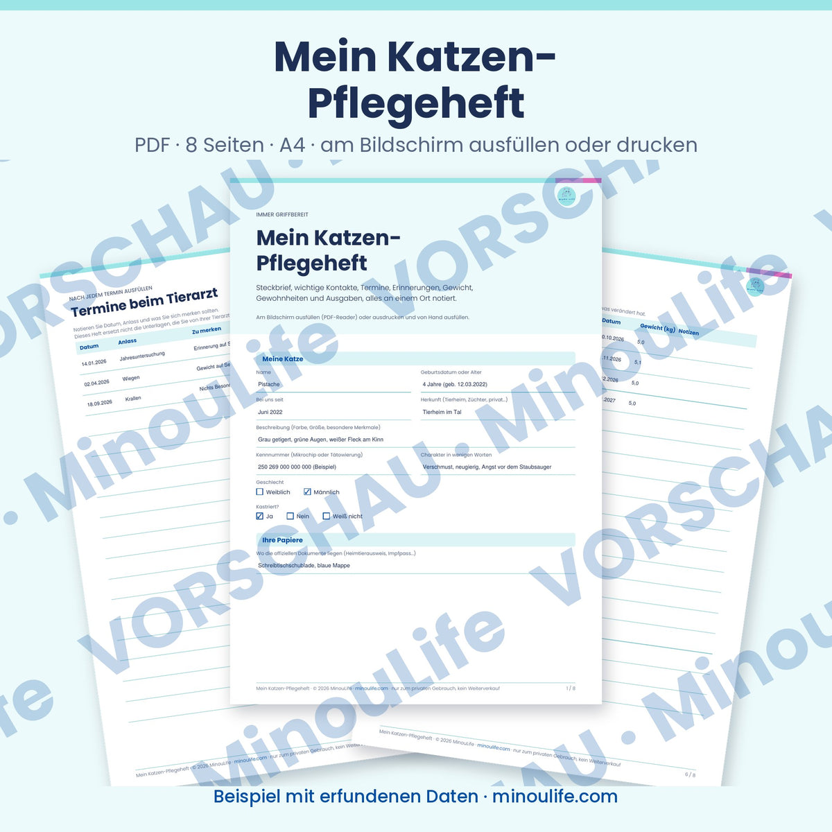 Vorschau Mein Katzen-Pflegeheft, deutsche Version, Beispiel mit erfundenen Daten