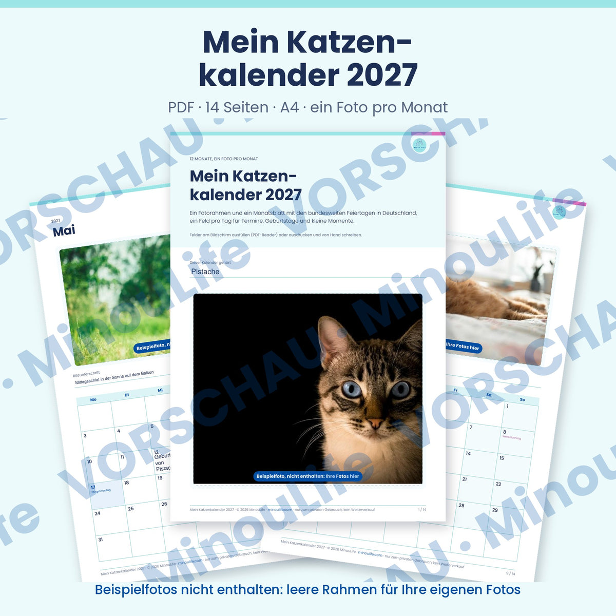 Vorschau Mein Katzenkalender 2027, deutsche Version, Beispielfotos nicht enthalten