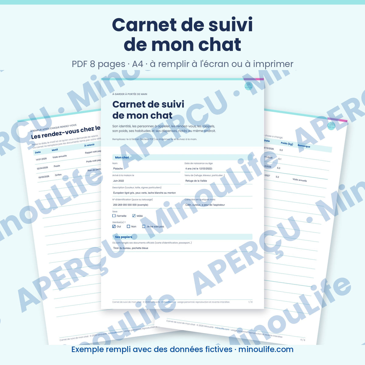 Aperçu du carnet de suivi de mon chat, version française, exemple rempli avec des données fictives