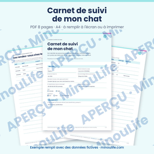 Aperçu du carnet de suivi de mon chat, version française, exemple rempli avec des données fictives