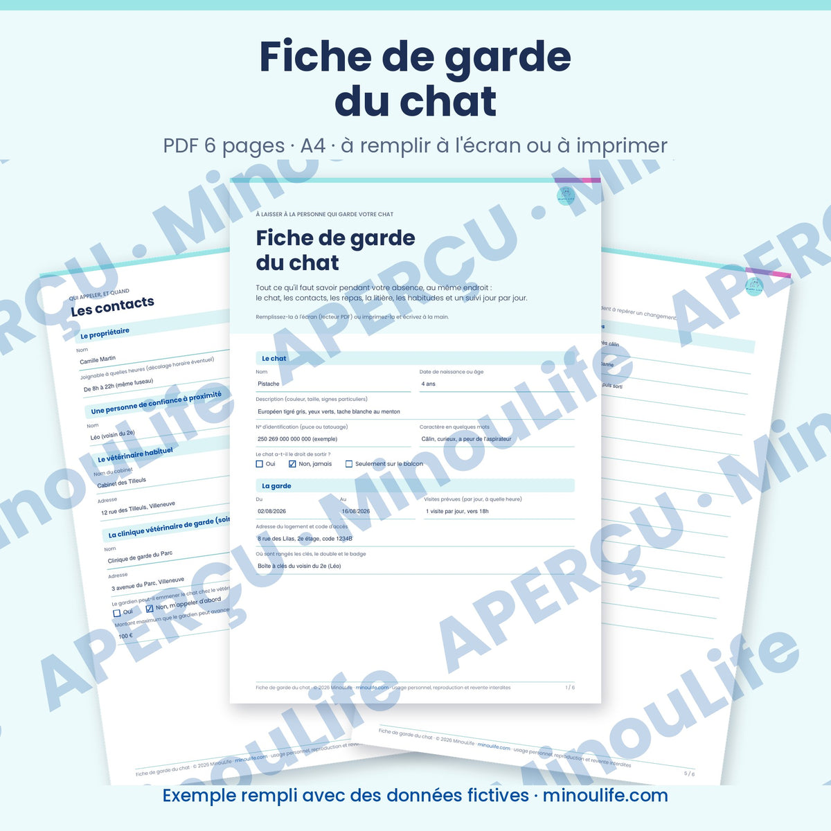Aperçu de la fiche de garde du chat, version française, exemple rempli avec des données fictives