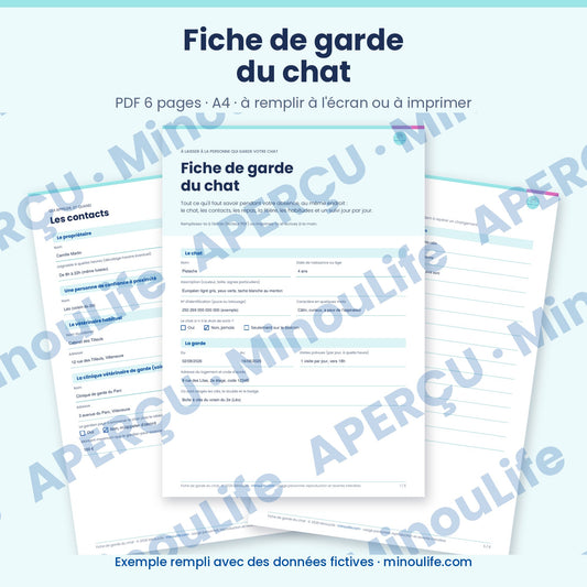 Aperçu de la fiche de garde du chat, version française, exemple rempli avec des données fictives