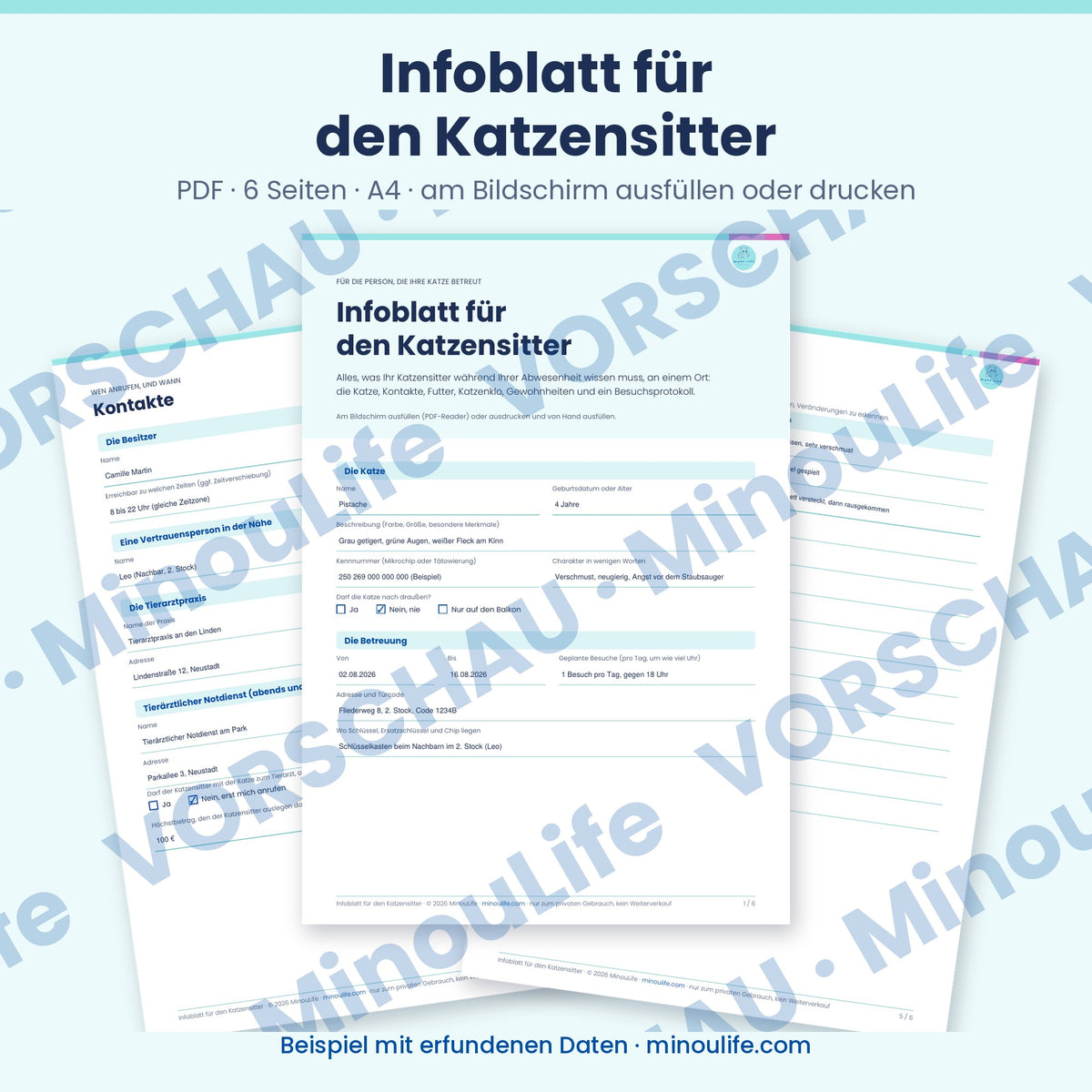 Vorschau Infoblatt für den Katzensitter, deutsche Version, Beispiel mit erfundenen Daten